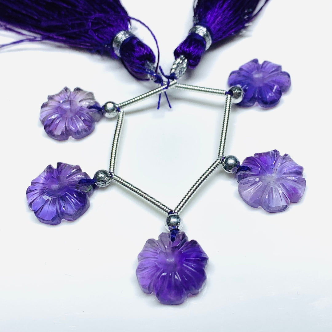 AAA Amethyst Carved Flower Gemstone Strand: Jewelry Making (5 Pcs, 12mm)