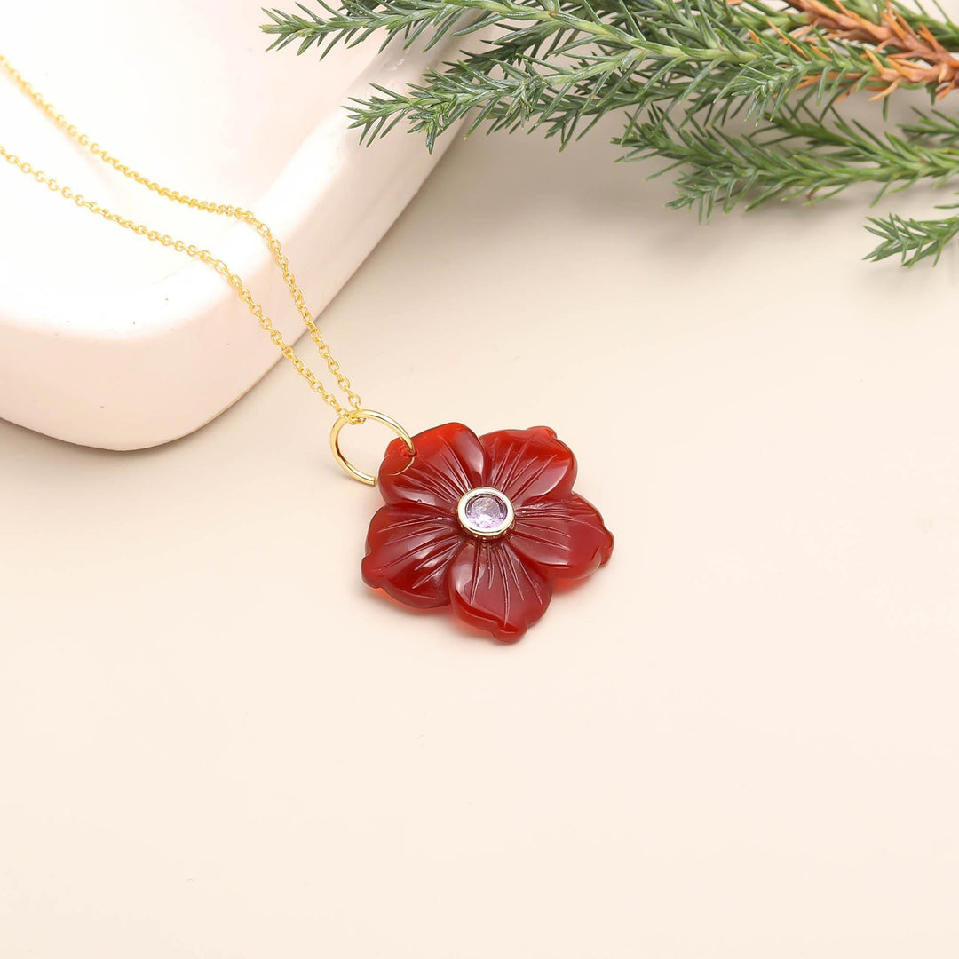 Red Agate Carved Flower Pendant, Red Agate Fancy Floral Necklace for Women's, Wedding Gift for Her, Reiki Jewelry Crystal