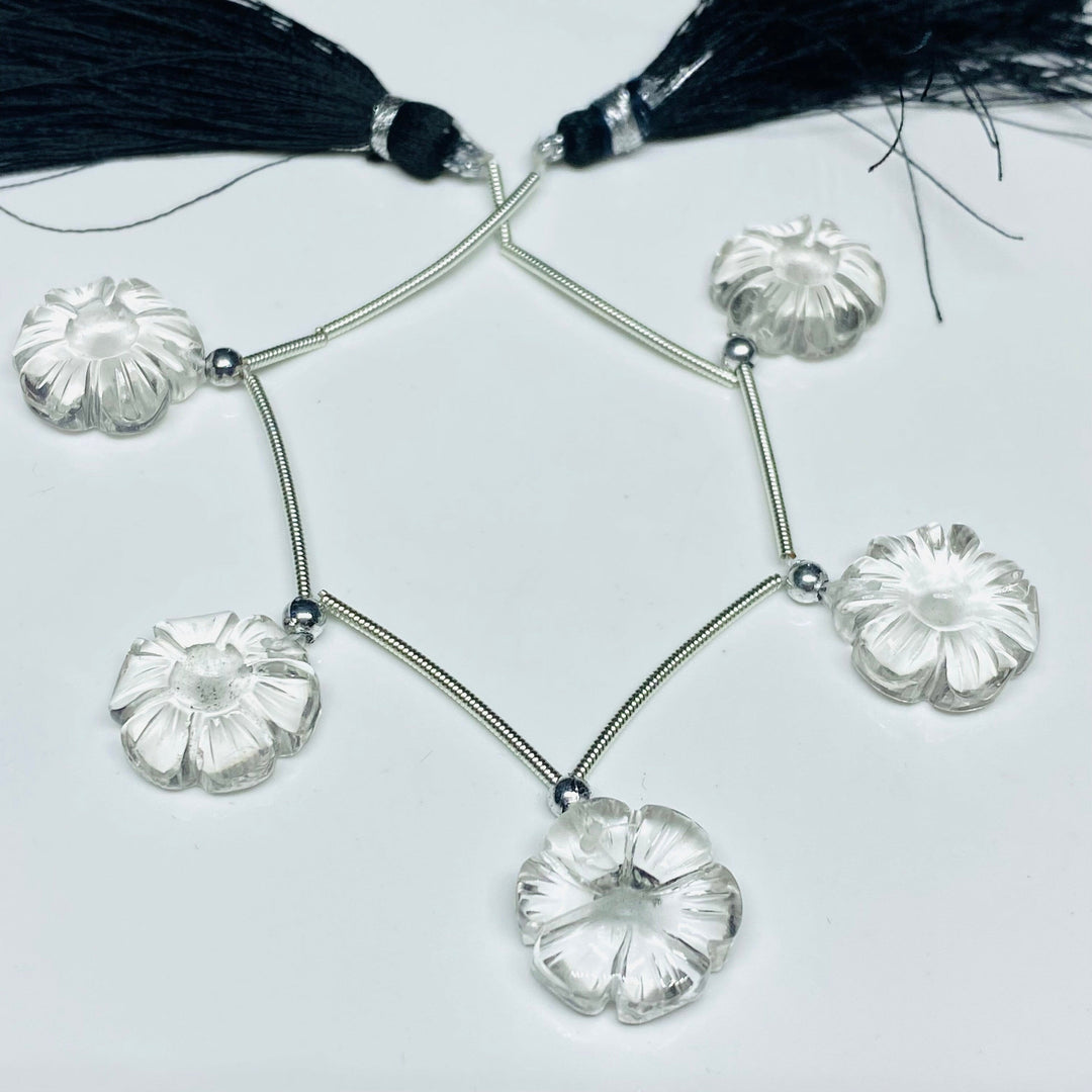 5 Pcs AAA Crystal Quartz Flower Beads: Carved Gemstone Strand, 14mm