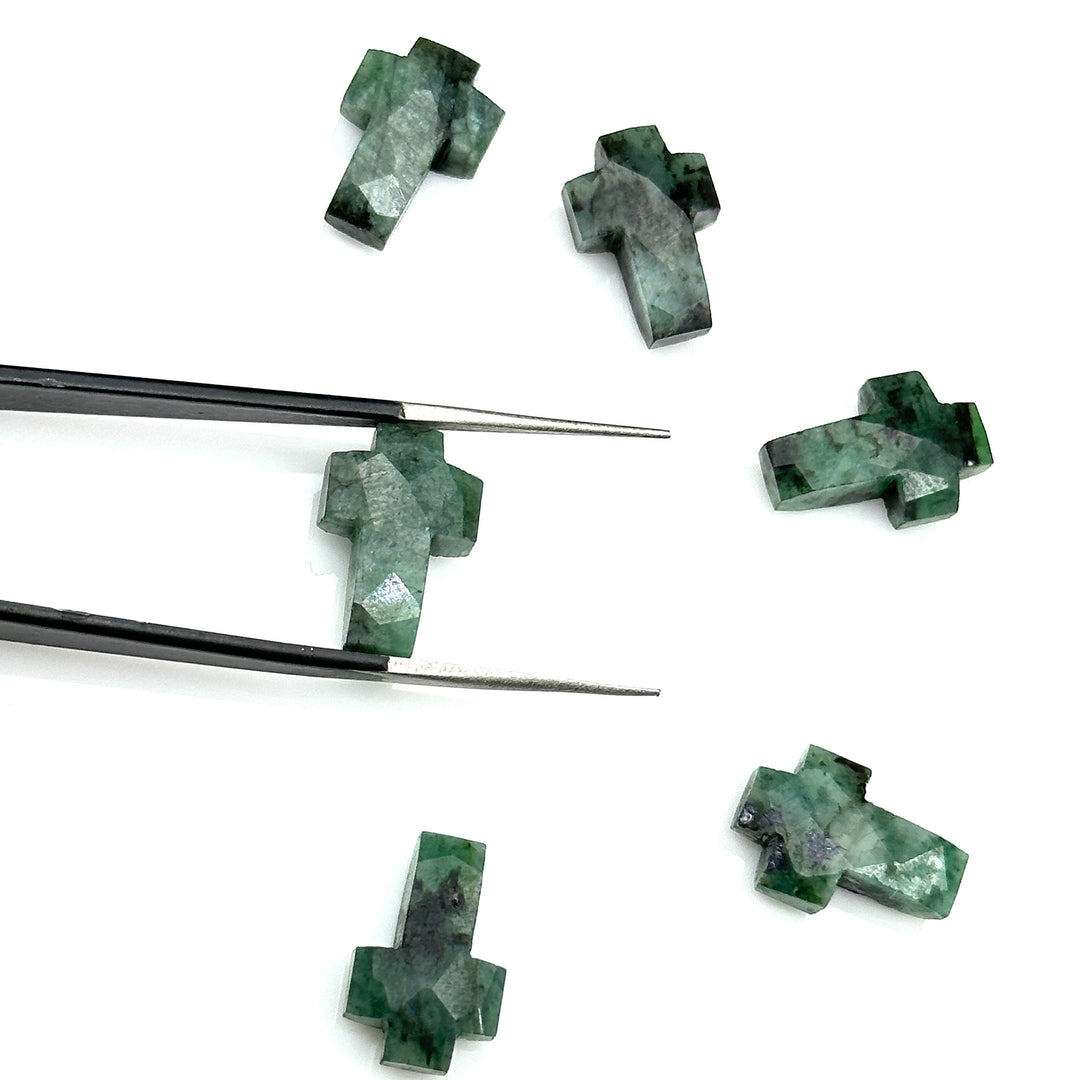Natural Emerald Cross Beads: Faceted Green Gemstone Charms (15mm)