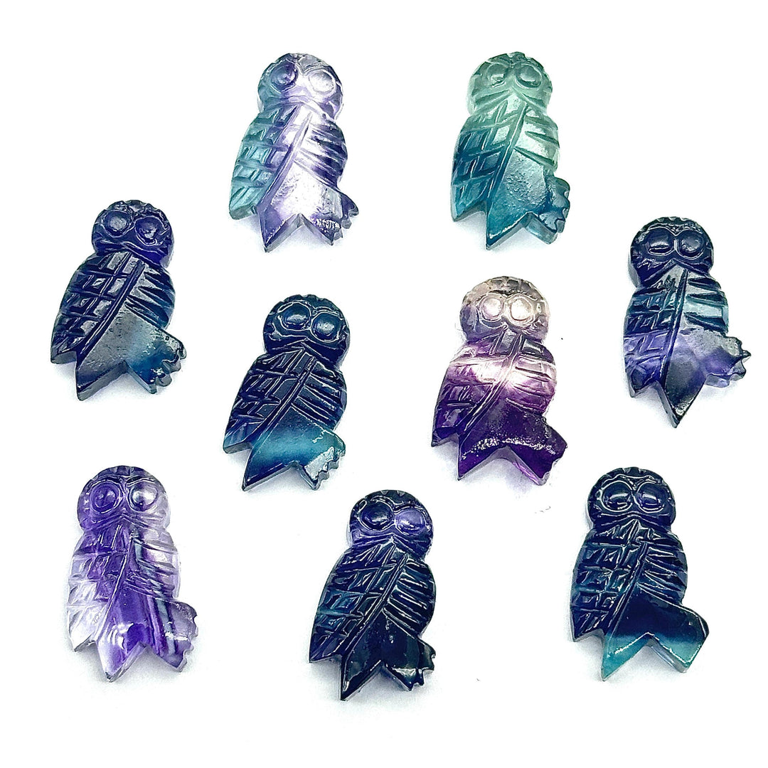 Carved Multi Fluorite Owl Shape Gemstones, Hand Carved Owl Shape Gemstone, Natural Fluorite Owl Shape Charms, 20 MM Bird Charm Carvings