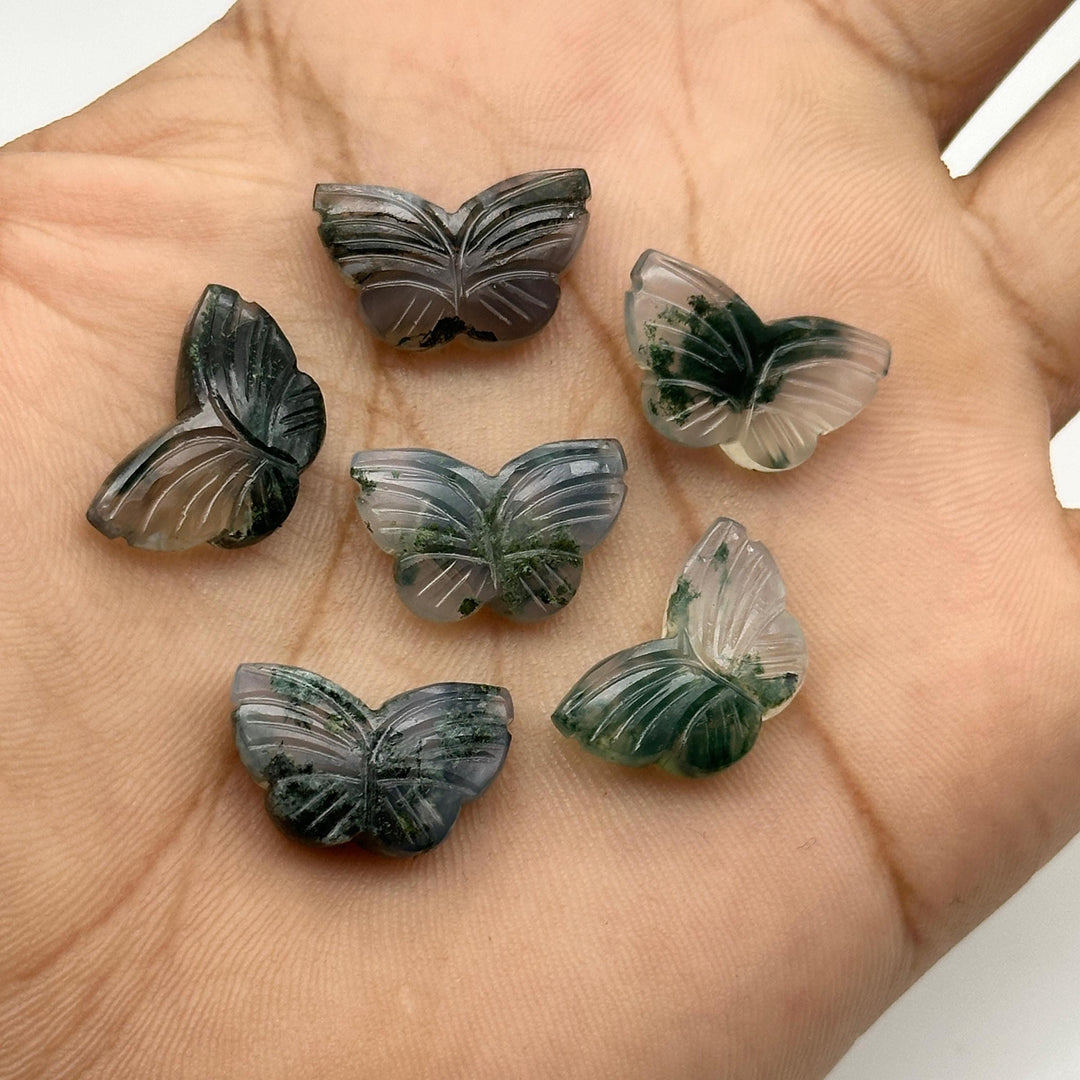 Carved Moss Agate Butterfly Beads: Handmade Gemstone Jewelry Making (11x18mm
