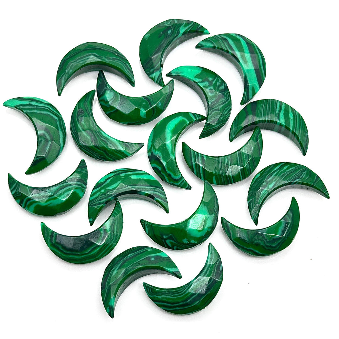 Faceted Malachite Crescent Moon Beads: 17mm Carved Gemstone Briolettes