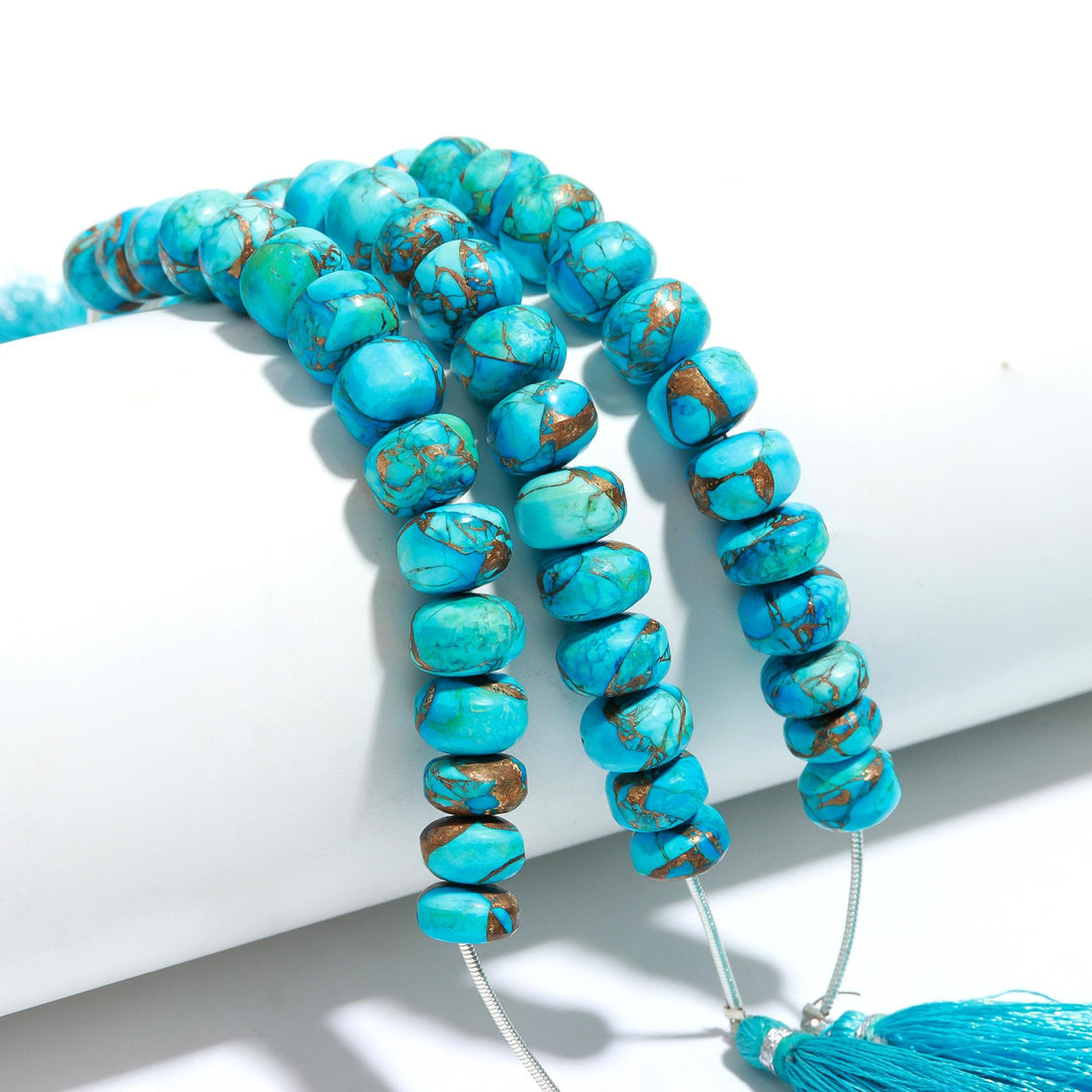 AAA Copper Turquoise Smooth Beads, Blue Copper Turquoise Smooth Rondelle Beads, 8 - 9 MM Healing Turquoise Beads for Jewelry, Loose Beads