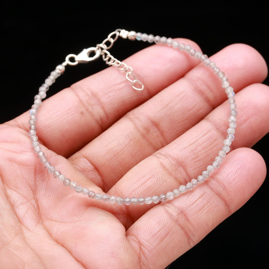 Natural Labradorite Beaded Bracelet, Faceted Labradorite Beads Bracelet, Gemstone Silver Bracelet/Anklet, Yoga & Meditation Bracelet, 2 MM