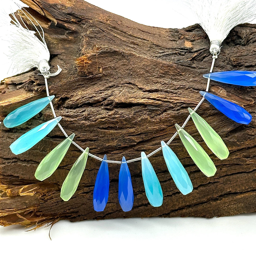 Matched Pairs - Blue, Green & Aqua Chalcedony Long Drop Shape Briolette's, Faceted Teardrop Beads, 7X30 mm Drops Beads For Earring Making