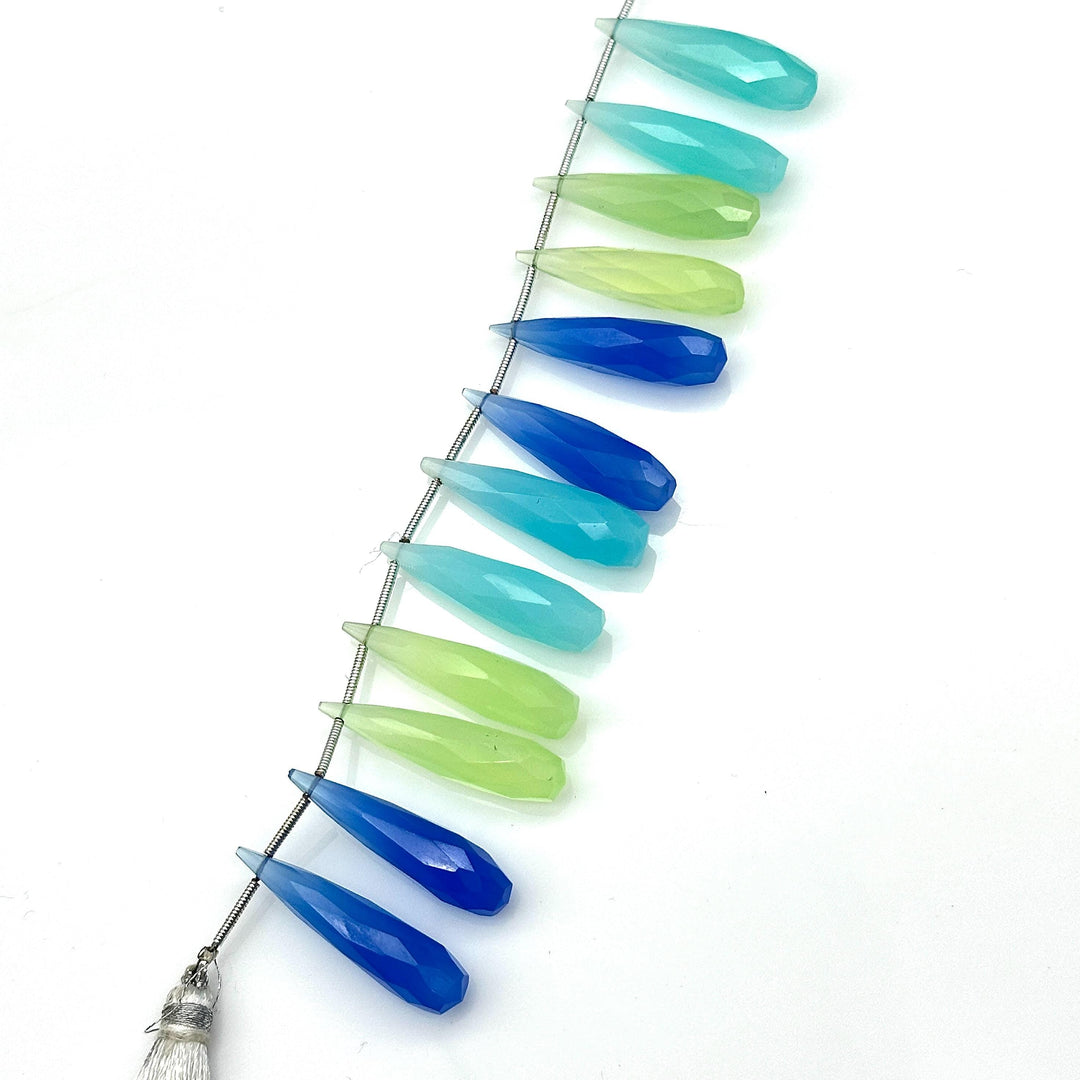 Matched Pairs - Blue, Green & Aqua Chalcedony Long Drop Shape Briolette's, Faceted Teardrop Beads, 7X30 mm Drops Beads For Earring Making