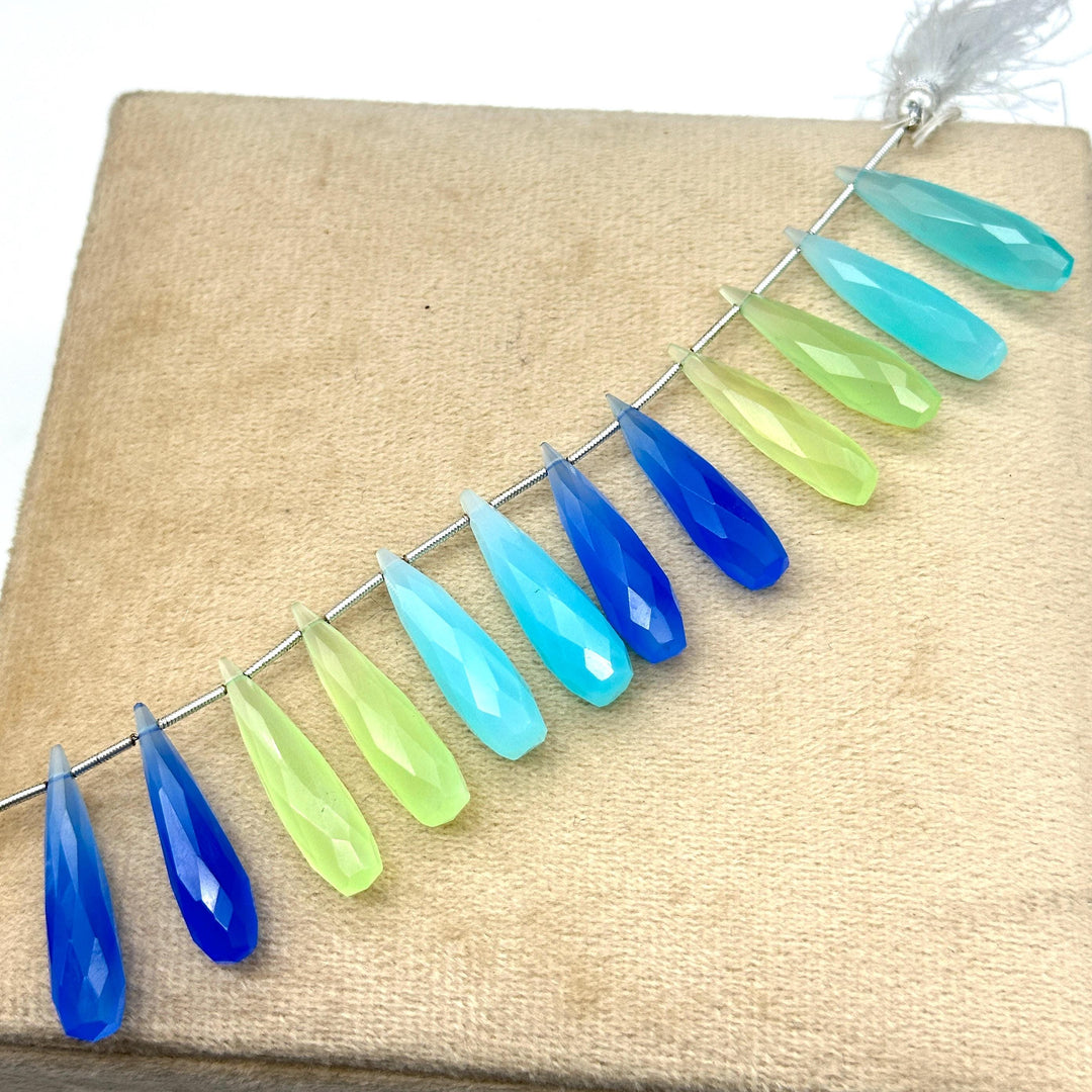 Matched Pairs - Blue, Green & Aqua Chalcedony Long Drop Shape Briolette's, Faceted Teardrop Beads, 7X30 mm Drops Beads For Earring Making