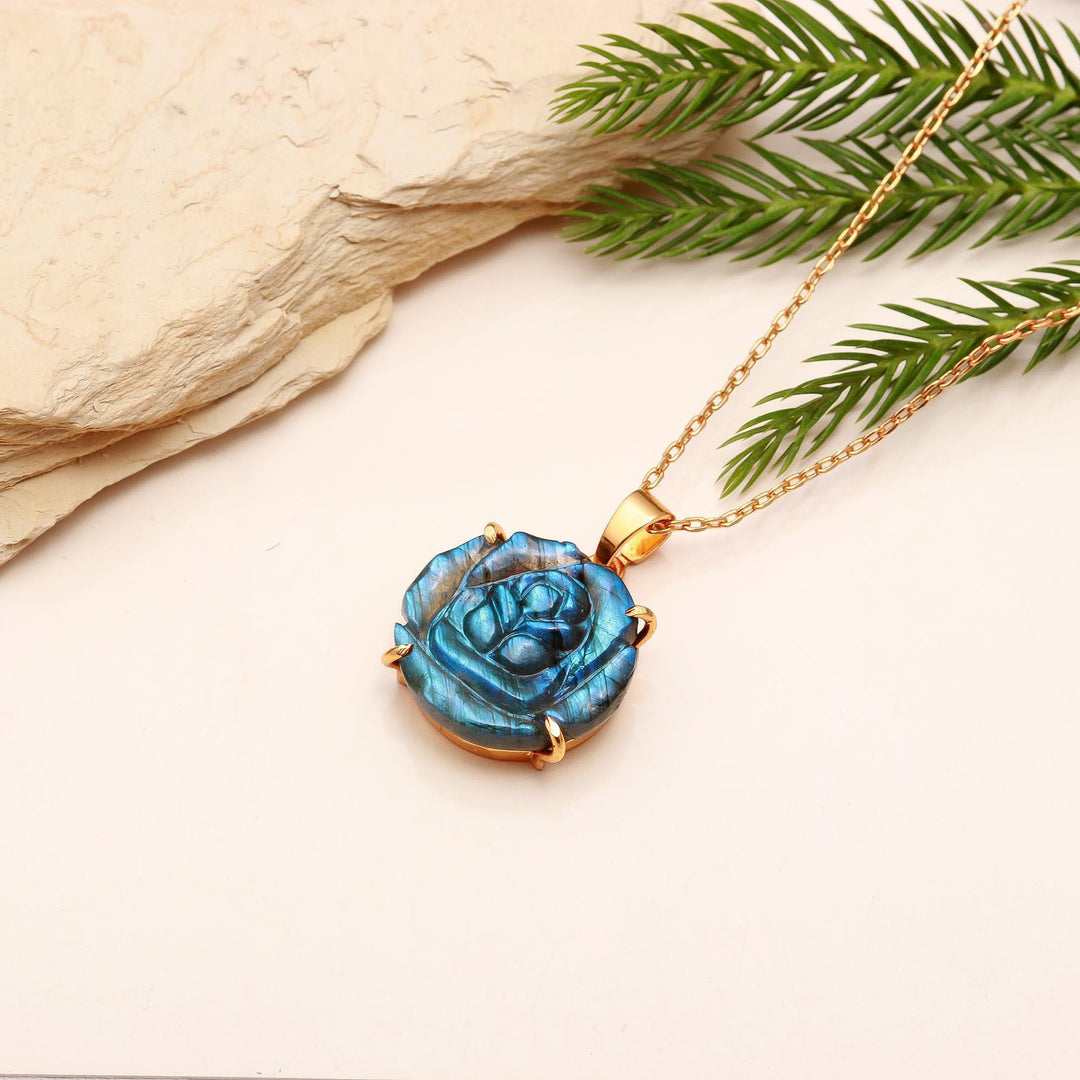 Carved Labradorite Flower Pendant, 19 mm Flower, Handmade Rose Flower Pendant, Healing Energy Gemstone Necklace For Her, Bridesmaid Gifts