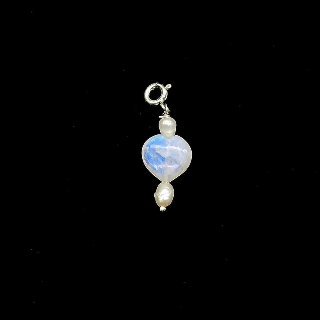Flashy Rainbow Moonstone and Pearl Charms, AAA Moonstone Heart Silver Charms, Gemstone Beads, Craft Making, 925 Silver Charms Wholesale
