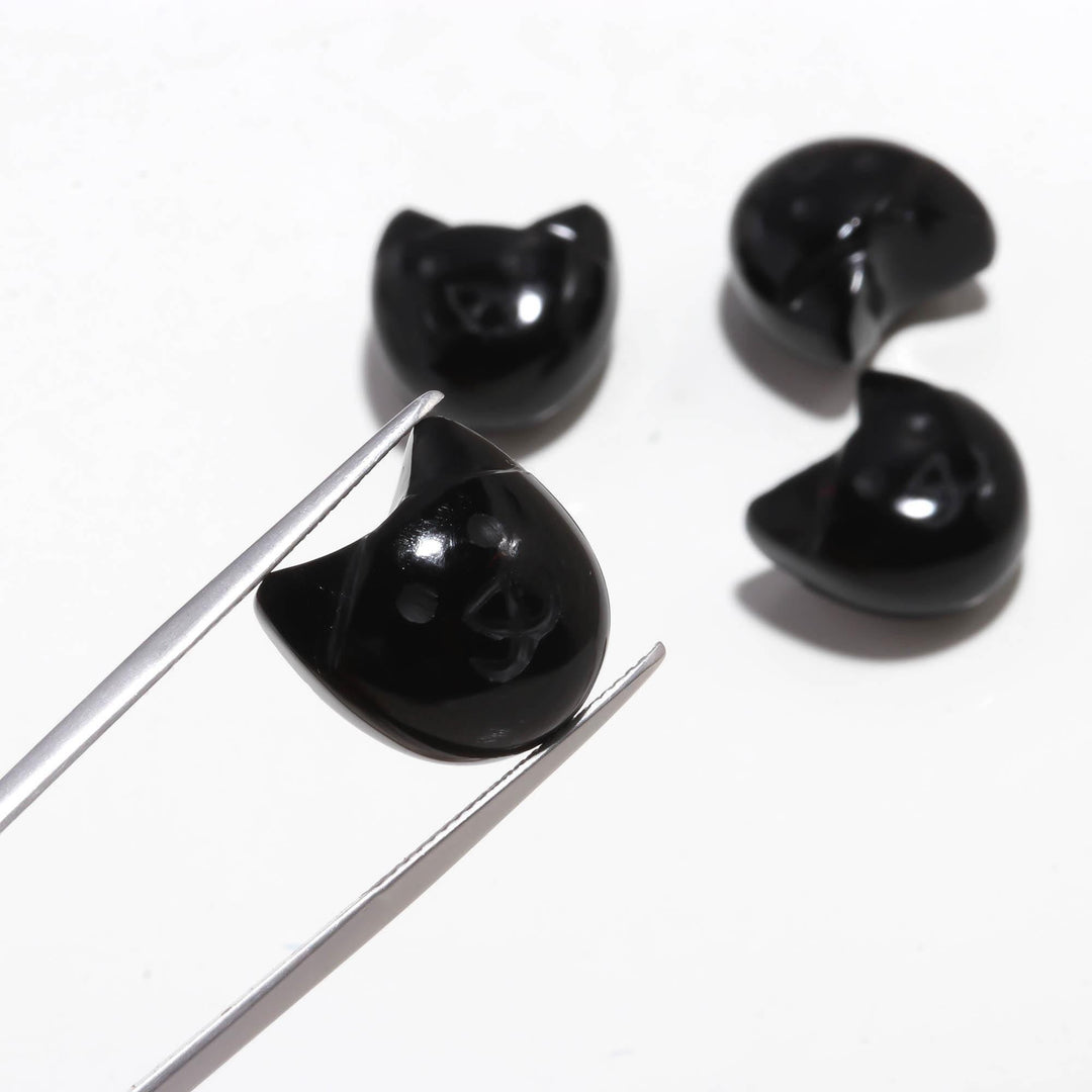 Black Onyx Cat Face Carving, Cat Shape Carved Gemstone Briolette's, Handmade Cat Head Beads, 15 MM, Black Evil Cat Protection