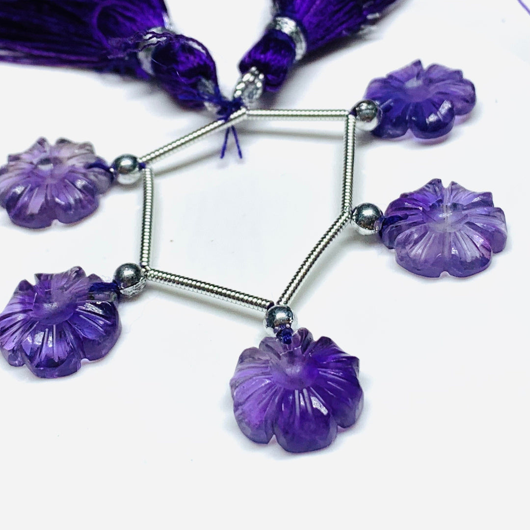 AAA Amethyst Carved Flower Gemstone Strand: Jewelry Making (5 Pcs, 12mm)