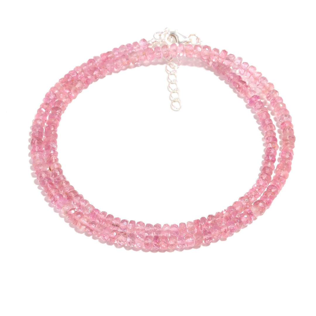 Top Quality Pink Tourmaline Beaded Necklace, Faceted Rondelle Gemstone Jewelry, 3-4 MM Beads, 15 Inch with 925 Sterling Silver