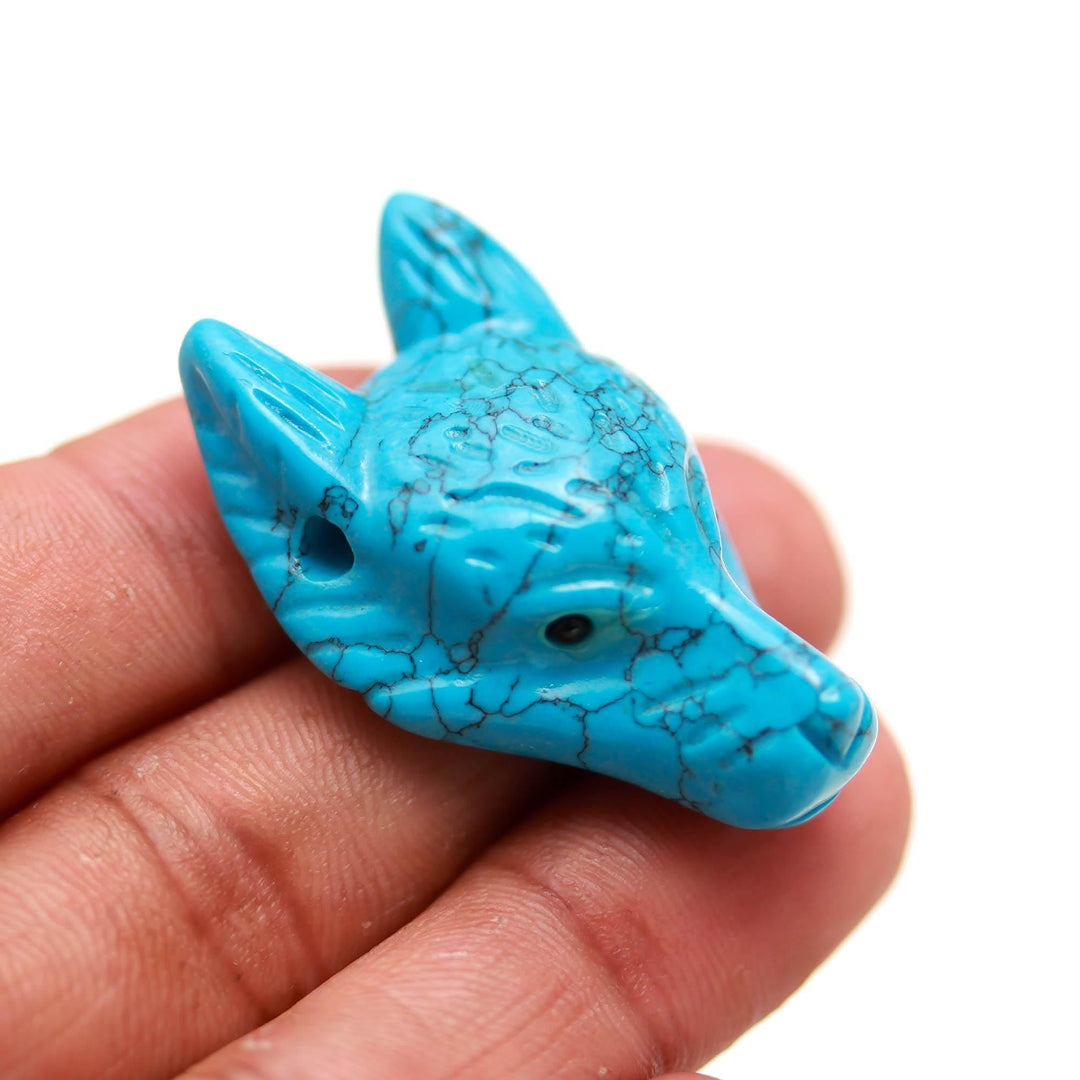 Hand Carved Howlite Turquoise Fox Head, Reiki Healing Crystal Gifts, Jewelry Making Gemstones Side Drill from Ear