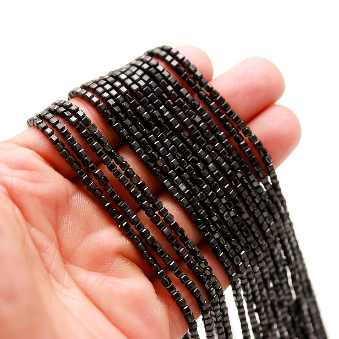 Genuine Black Spinel Box Shape Beads, AAA Black Spinel Gemstone Beads, 12 Inches Cube Shape Faceted Loose Beads for Jewelry Making, 3 MM