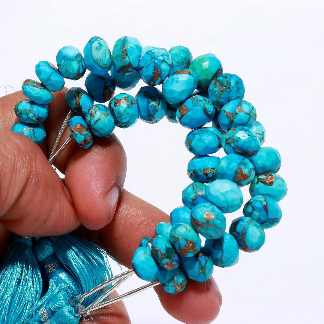 AAA Copper Turquoise Faceted Beads, Blue Copper Turquoise Faceted Rondelle Beads, 9-10 MM Healing Turquoise Beads for Jewelry, Loose Beads