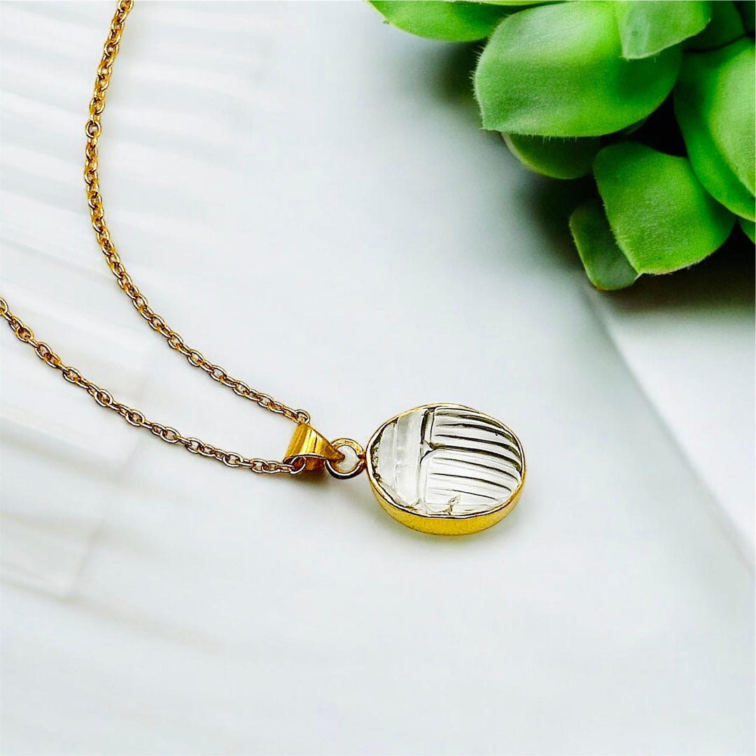 Dainty Crystal Quartz Carved Scarab Necklace, Natural Crystal Quartz Gemstone Necklace, Sterling Silver Necklace, 16 MM Scarab, Gift For Her