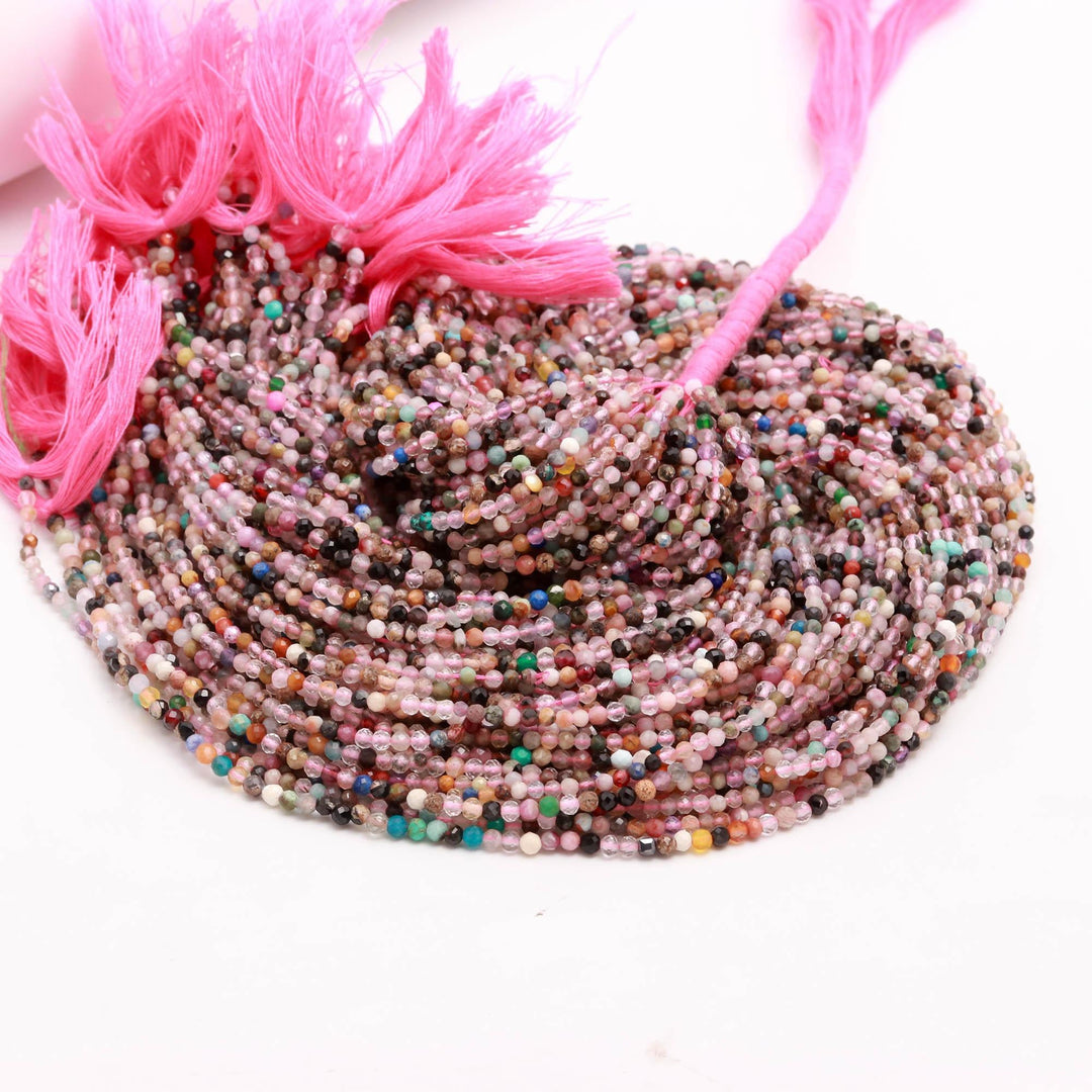 Multi Disco Gemstone Round Beads, Mix Stone Faceted Micro Beads, 2 MM Beads for Jewelry Making, 13 Inches, Loose Faceted Beads