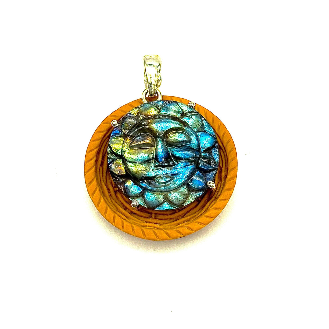 Carved Labradorite Sun Face Pendant: Boho Gemstone Necklace