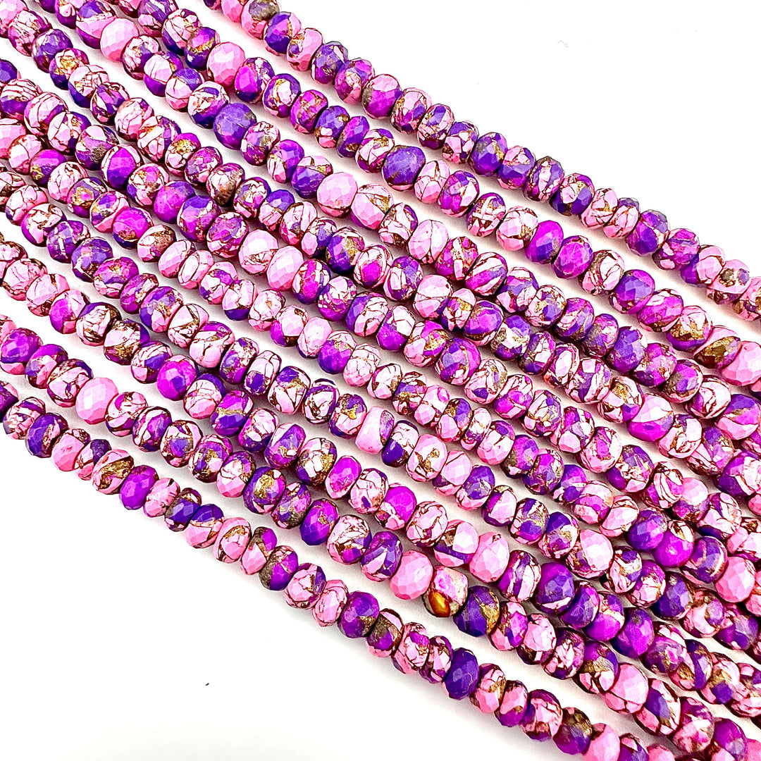 Purple Pink Copper Turquoise Beads, Copper Turquoise Faceted Rondelle Beads, 8-10 mm, 4 Inch Line, Wholesale Beads, Jewelry Making Beads