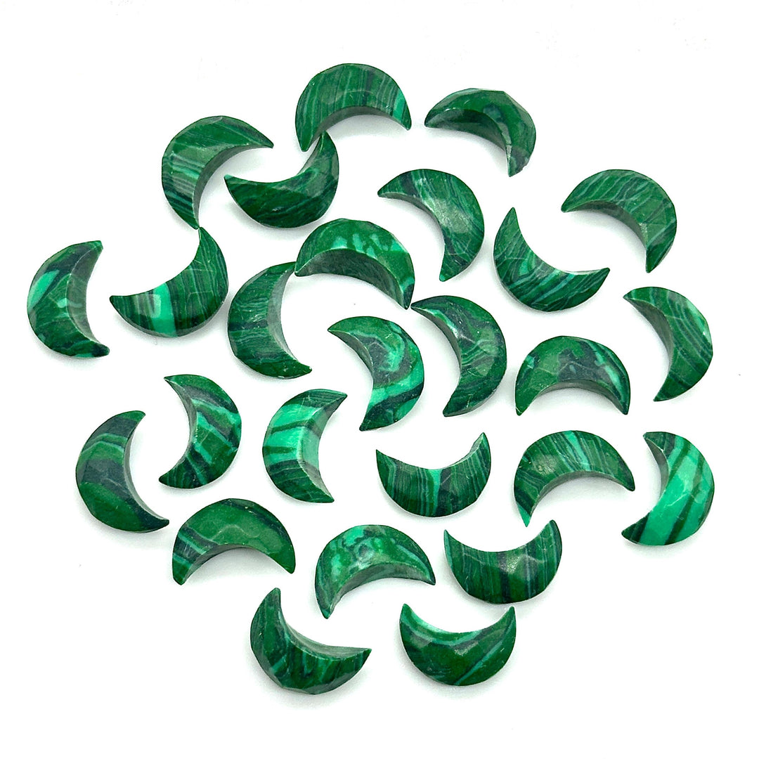 Carved Malachite Moon Beads: Faceted Green Gemstone Charms (12mm)