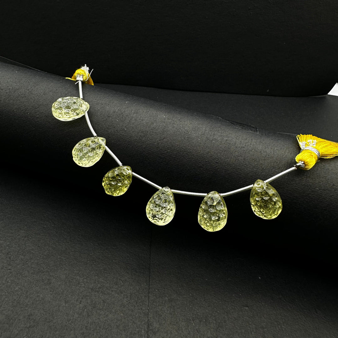 Natural Lemon Quartz Pear Shape Carving ~ Football Cutting Lemon Quartz Gemstones ~ 10X14MM Hand Carved Briolette ~ Wholesale Gemstone Beads
