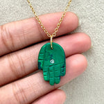 Load image into Gallery viewer, Amazing Malachite Hamsa Necklace, Hand Shape Gemstone Hamsa Necklace For Gift, Reiki Healing Jewelry, 25 MM Hand Necklace For Her