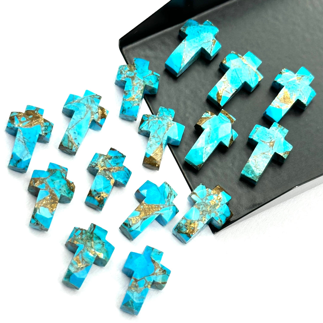 Faceted Copper Turquoise Cross Beads: Spiritual Gemstone Charms (15mm)