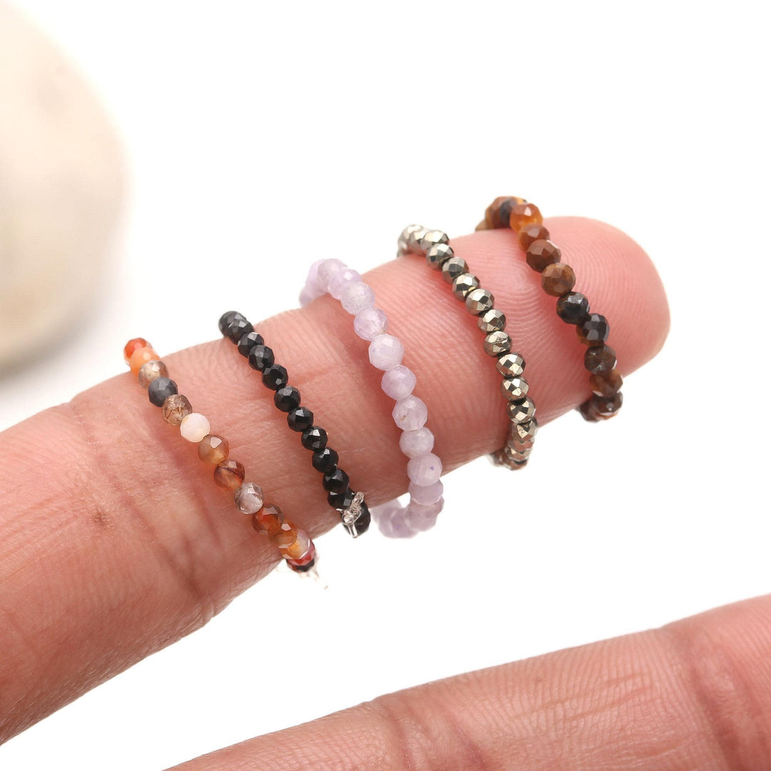 Beaded Stackable Gemstone Rings, Stretchable 2 MM Round Faceted Beads Rings, Elastic Handmade Rings for Women, Promise Ring for Her