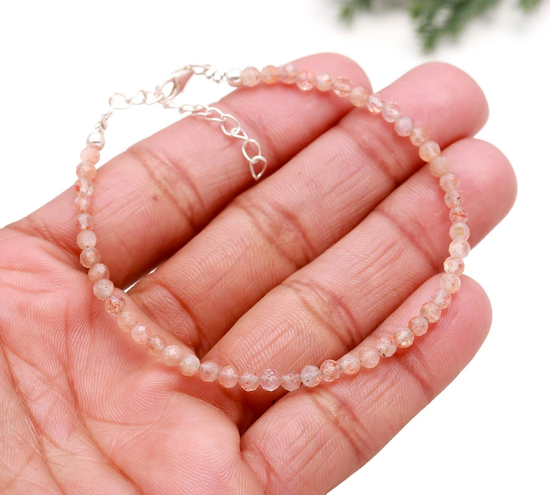 Natural Sunstone Handmade Bracelet, Faceted Red Sunstone Beaded Bracelet, Fancy Silver Gemstone Anklet for Girls, Gift for Valentines