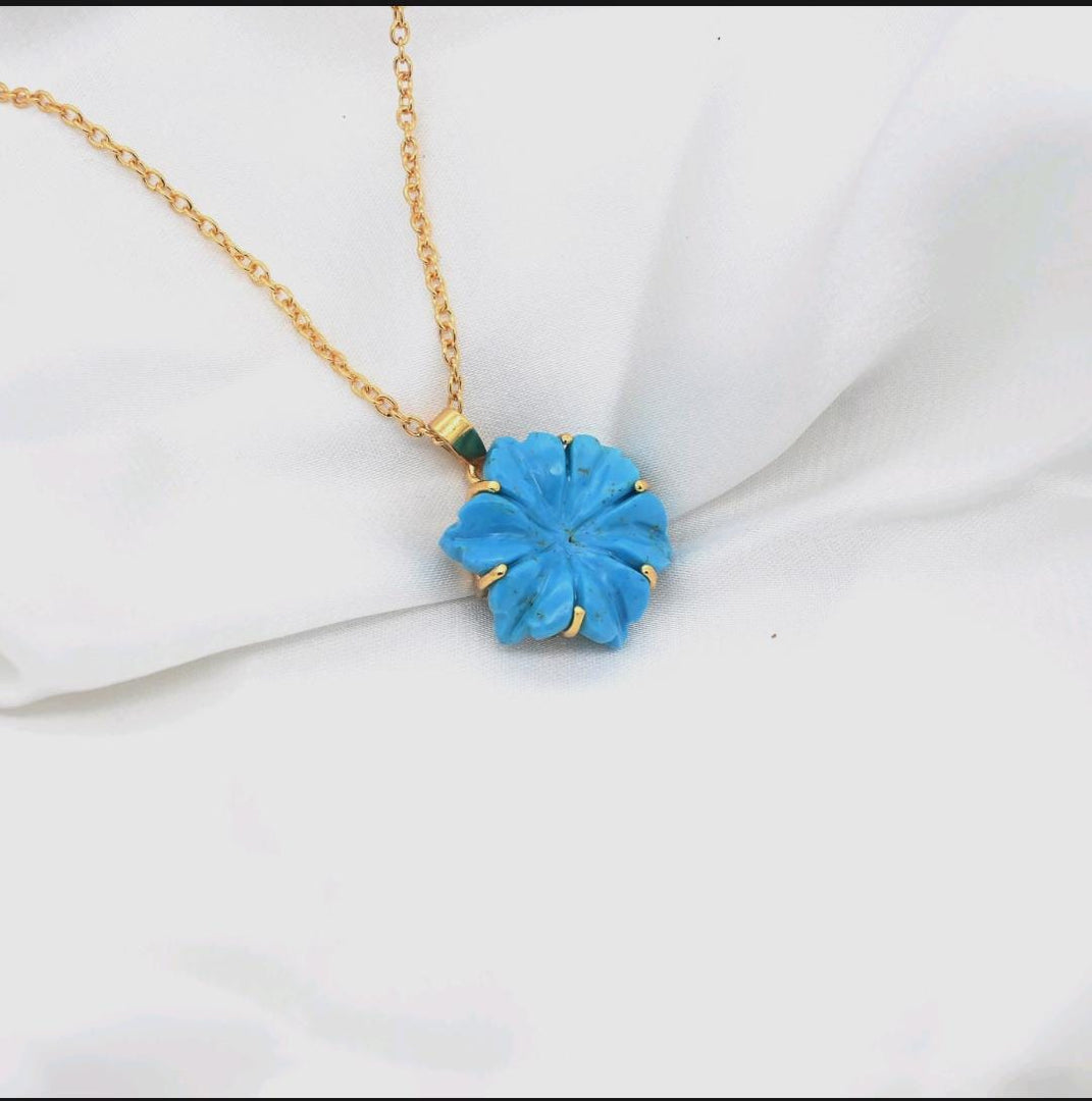 Carved Blue Turquoise Flower Pendant, AAA Turquoise Gemstone Necklace For Her, 19 mm Flower, Birthday Gift For Women, Blue Turquoise Flower