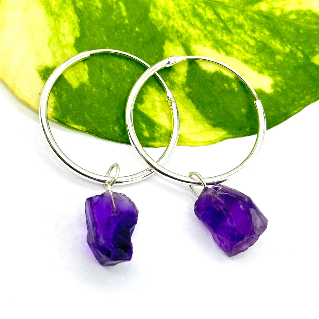 Raw Amethyst Hoop Earrings: Handmade Brass February Birthstone