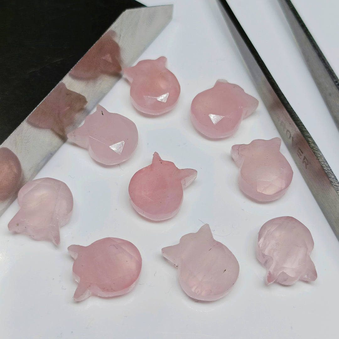 Natural Rose Quartz Cat Face Carving, Kitty Shape Charms Beads, Faceted rose Pink Quartz Handmade Carved Stone, Jewelry Making Beads 10x12mm