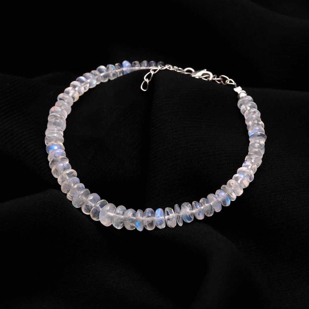 Rainbow Moonstone Beads Bracelet, Natural Blue Flash Smooth Beads Bracelet, White Rainbow Bracelet, Gemstone Silver Anklet For Girls