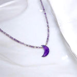 Load image into Gallery viewer, Natural Amethyst Beaded Necklace, Hand Carved Moon Charm Necklace, Cresent Moon Healing Power Necklace, Gift for Her, February Birthstone