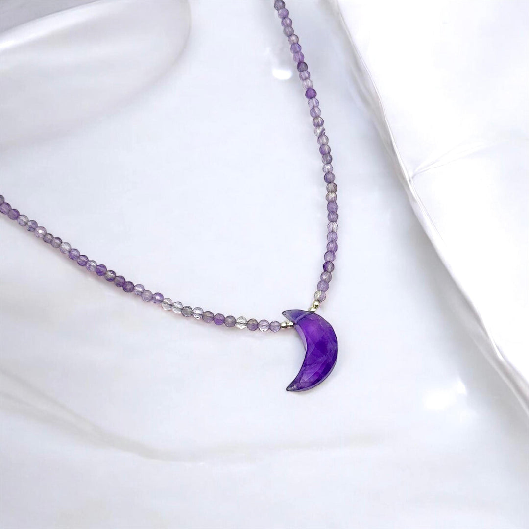 Natural Amethyst Beaded Necklace, Hand Carved Moon Charm Necklace, Cresent Moon Healing Power Necklace, Gift for Her, February Birthstone