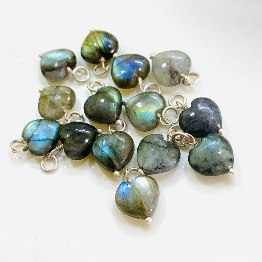 Natural Labradorite Heart Shape Carved Gemstone Jewellery Making Charm With 925 Silver, Necklace Bracelet, Earrings Making Charms 10 mm