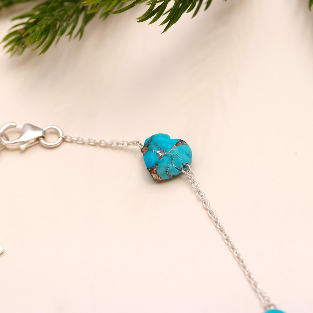 AAA Copper Turquoise Heart Beads Bracelet, Turquoise Heart Beads Bracelet, Women's Gift Chain Bracelet, 925 Silver Bracelet/Anklets