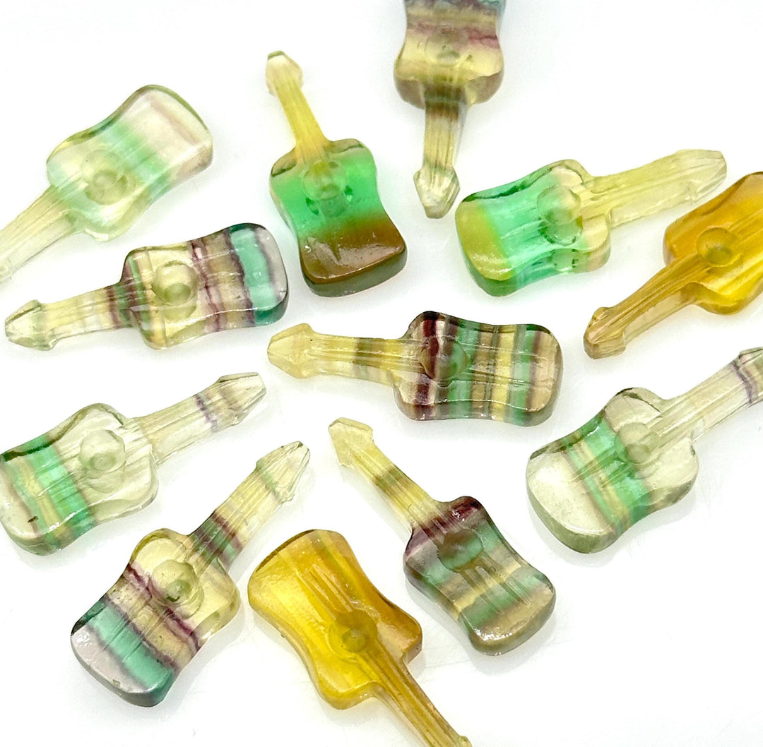 Rainbow Fluorite Guitar Shape Beads, Tiny Fluorite Guitar Shape Hand Carved Gemstone, 26 MM, Miniature Guitar Gemstone, Tiny Charms