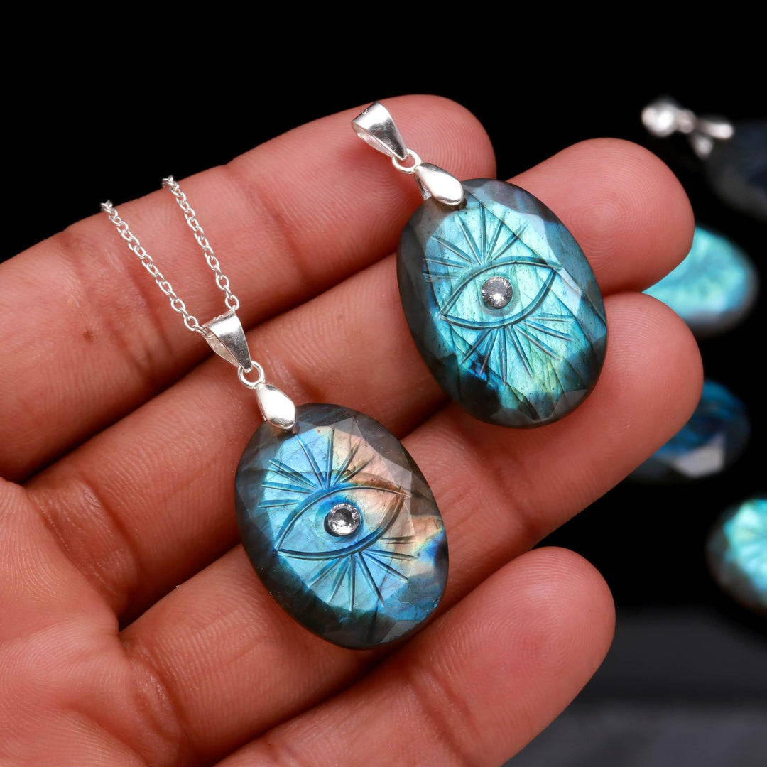 Flashy Labradorite Evil Eye Necklace, Natural Labradorite Hand Carved Evil Eye Pendant, 925 Sterling Silver Jewelry, Good Luck Charms