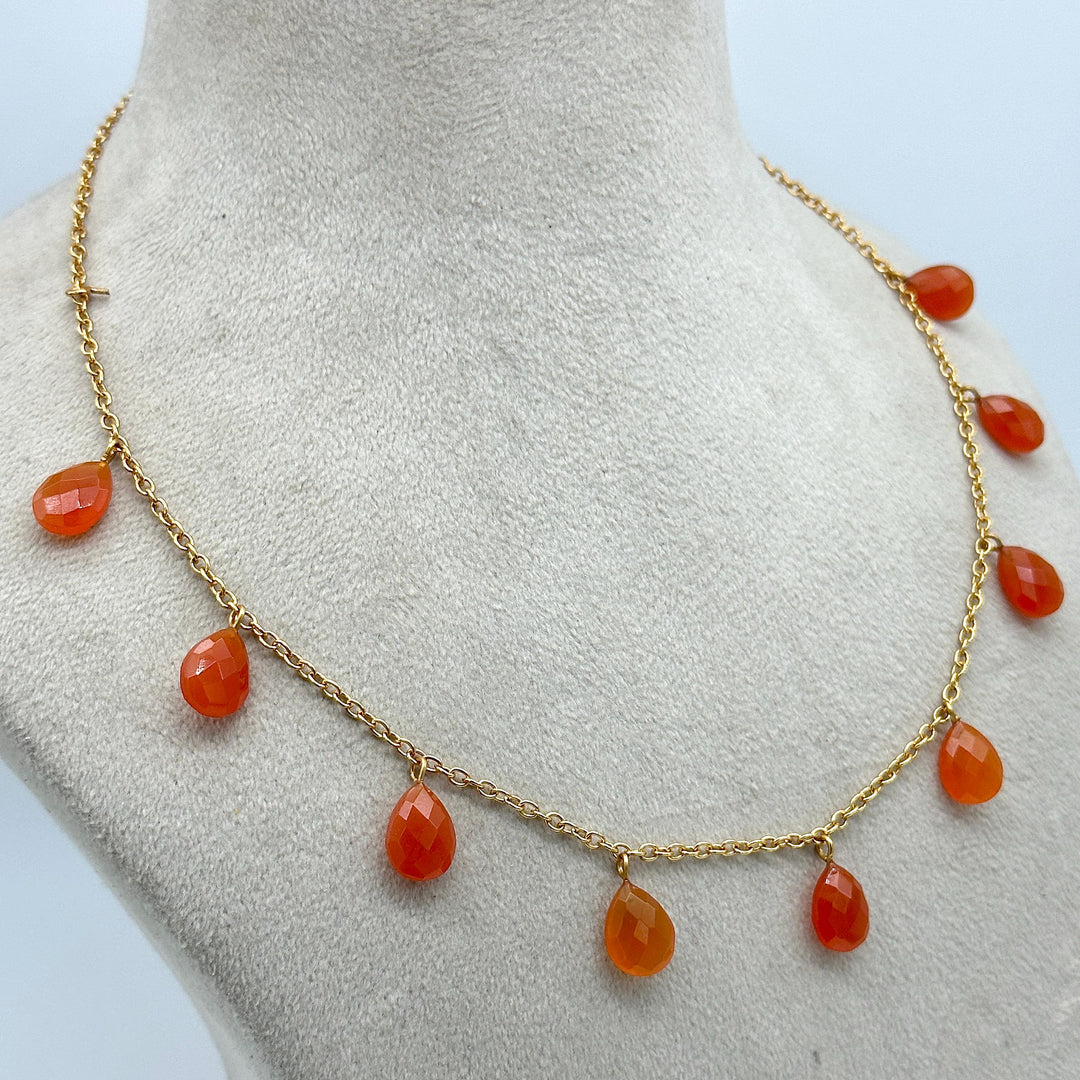 Natural Carnelian Pear Shape Beads Necklace, Tourmaline Drop Chain Necklace, Pear Gemstone Necklace, Faceted Pear Chain Necklace For Women's