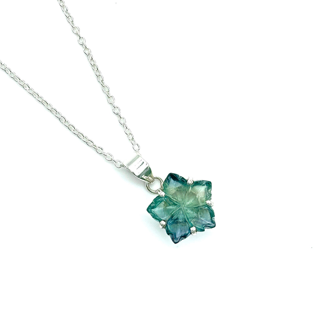 Hand Carved Green Fluorite Flower Pendant Necklace - Boho Hippie Style