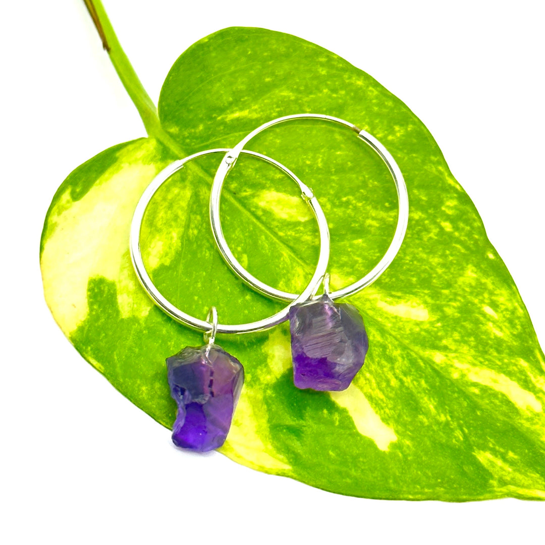 Raw Amethyst Hoop Earrings: Handmade Brass February Birthstone