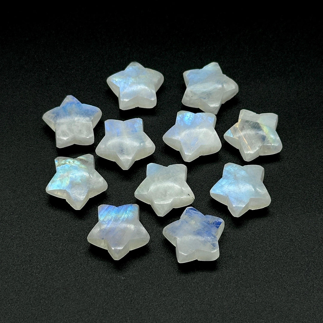 Smooth Rainbow Moonstone Star Beads, Flashy Moonstone Celestial Gemstone Charms, Jewelry Making Hand Carved Gemstones, 15mm