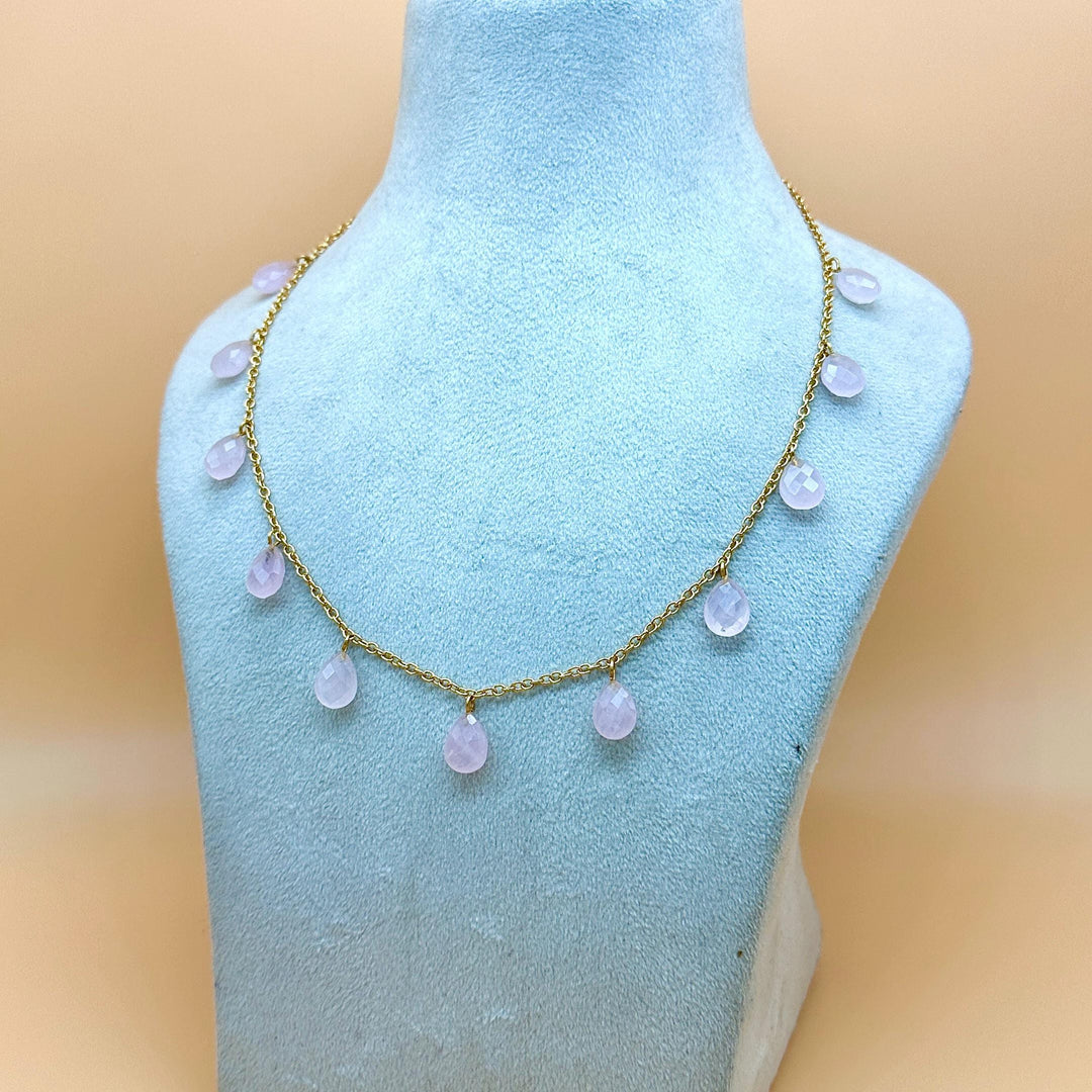 Natural Rose Quartz Pear Beads Necklace, Faceted Drop Chain Necklace, Natural Gemstone Chain Jewelry, Meditation & Healing Beads Necklace