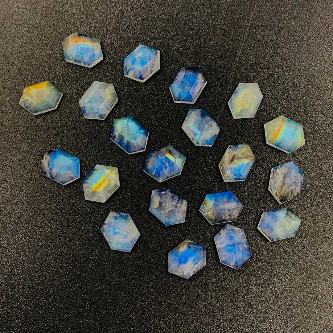 AAA Quality 100% Natural Flashy Blue Rainbow Moonstone Hexagon Shape, Loose Gemstone, rainbow moonstone Gemstone For Jewellery 10X7 mm