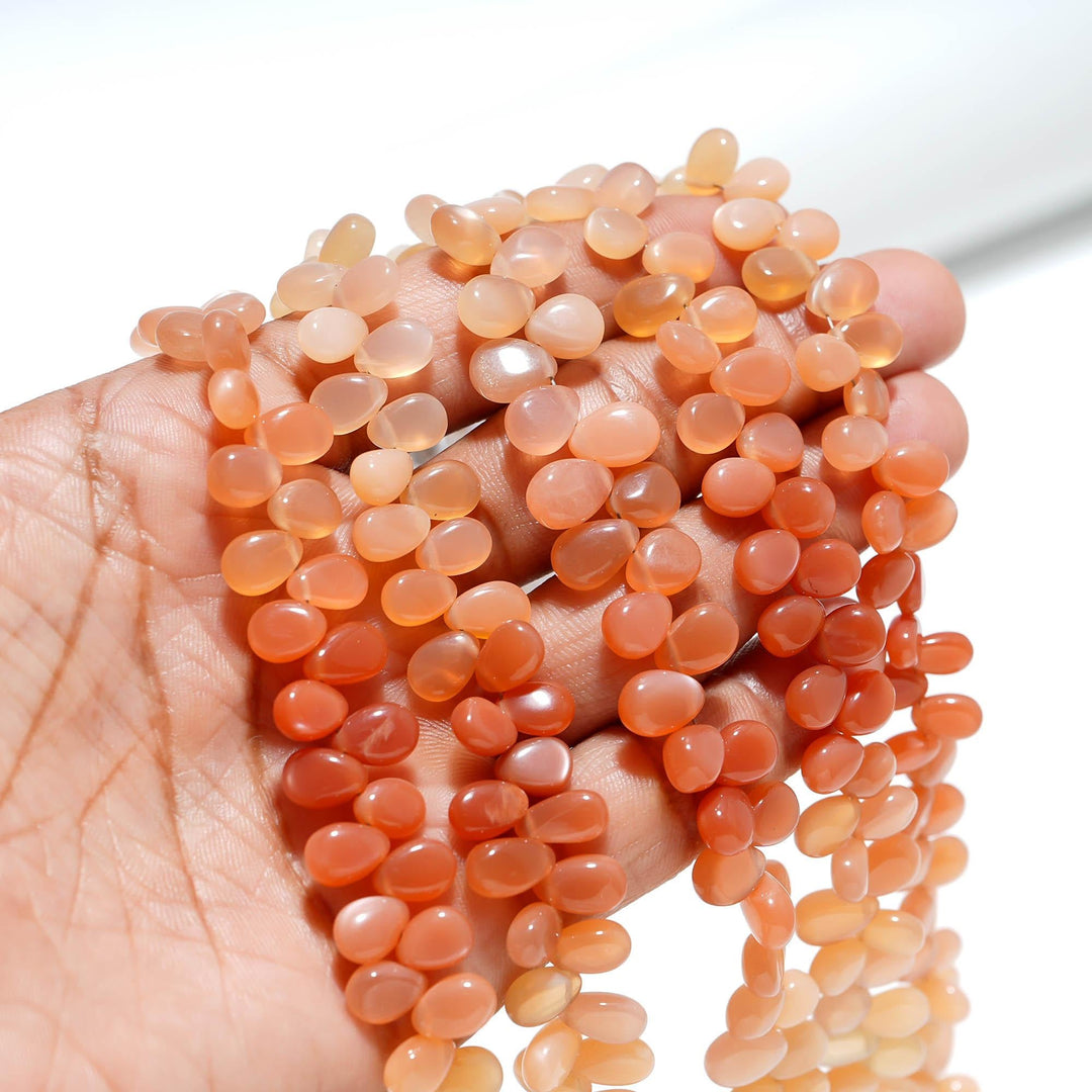Peach Moonstone Pear Shape Beads, Orange Moonstone Smooth Pear Side Drill Beads, Fancy Pear for Jewelry Making, 7 Inch, 8-9 MM
