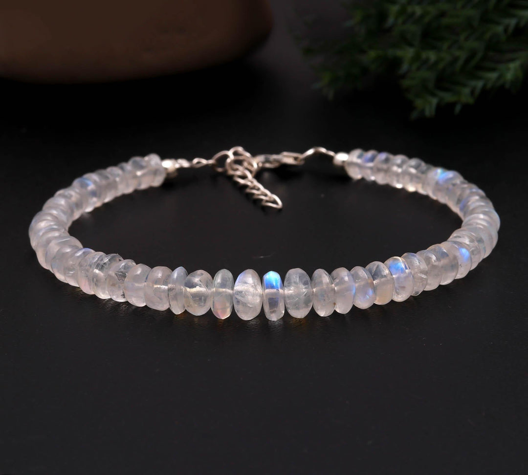 Rainbow Moonstone Beads Bracelet, Natural Blue Flash Smooth Beads Bracelet, White Rainbow Bracelet, Gemstone Silver Anklet For Girls