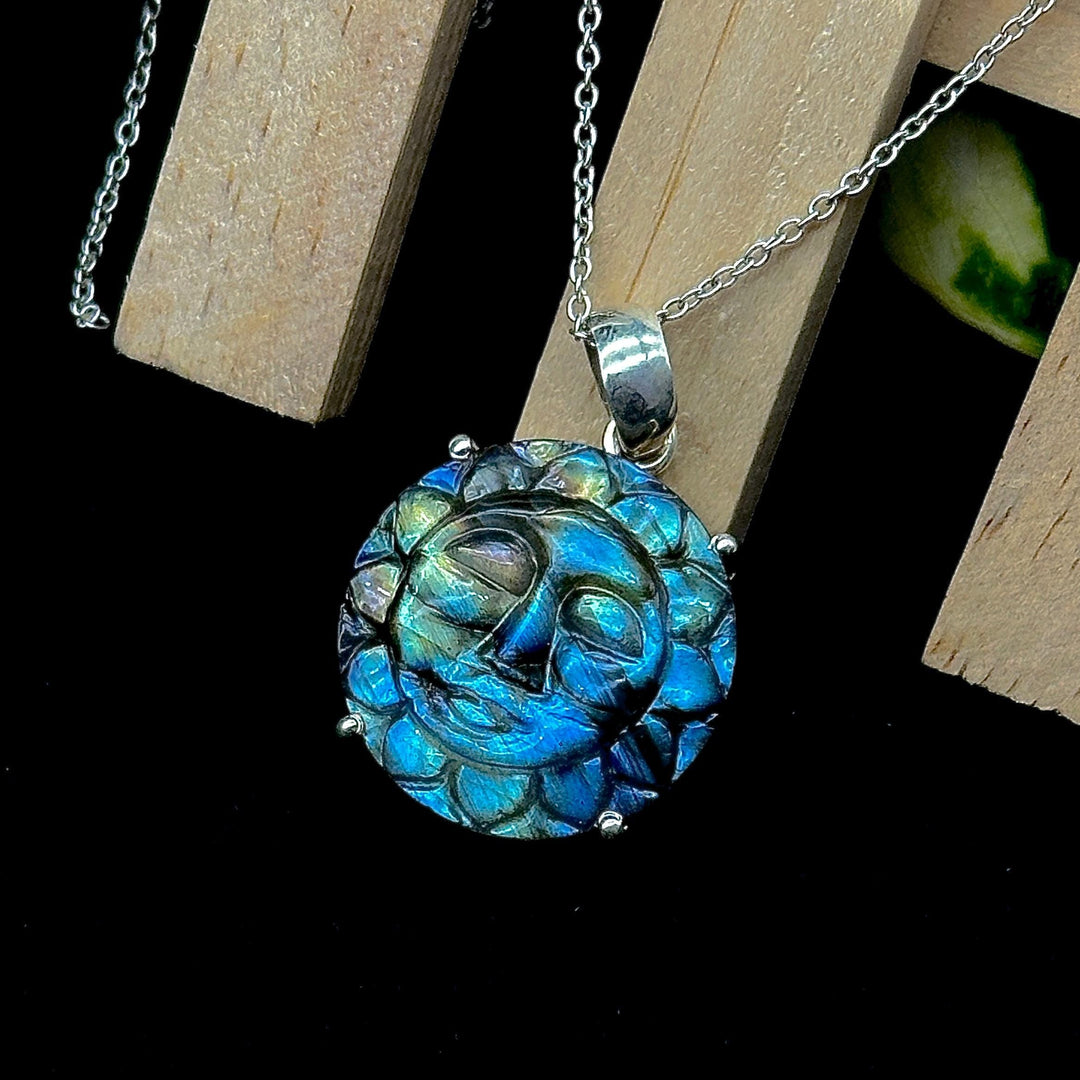 Carved Labradorite Sun Face Pendant: Boho Gemstone Necklace