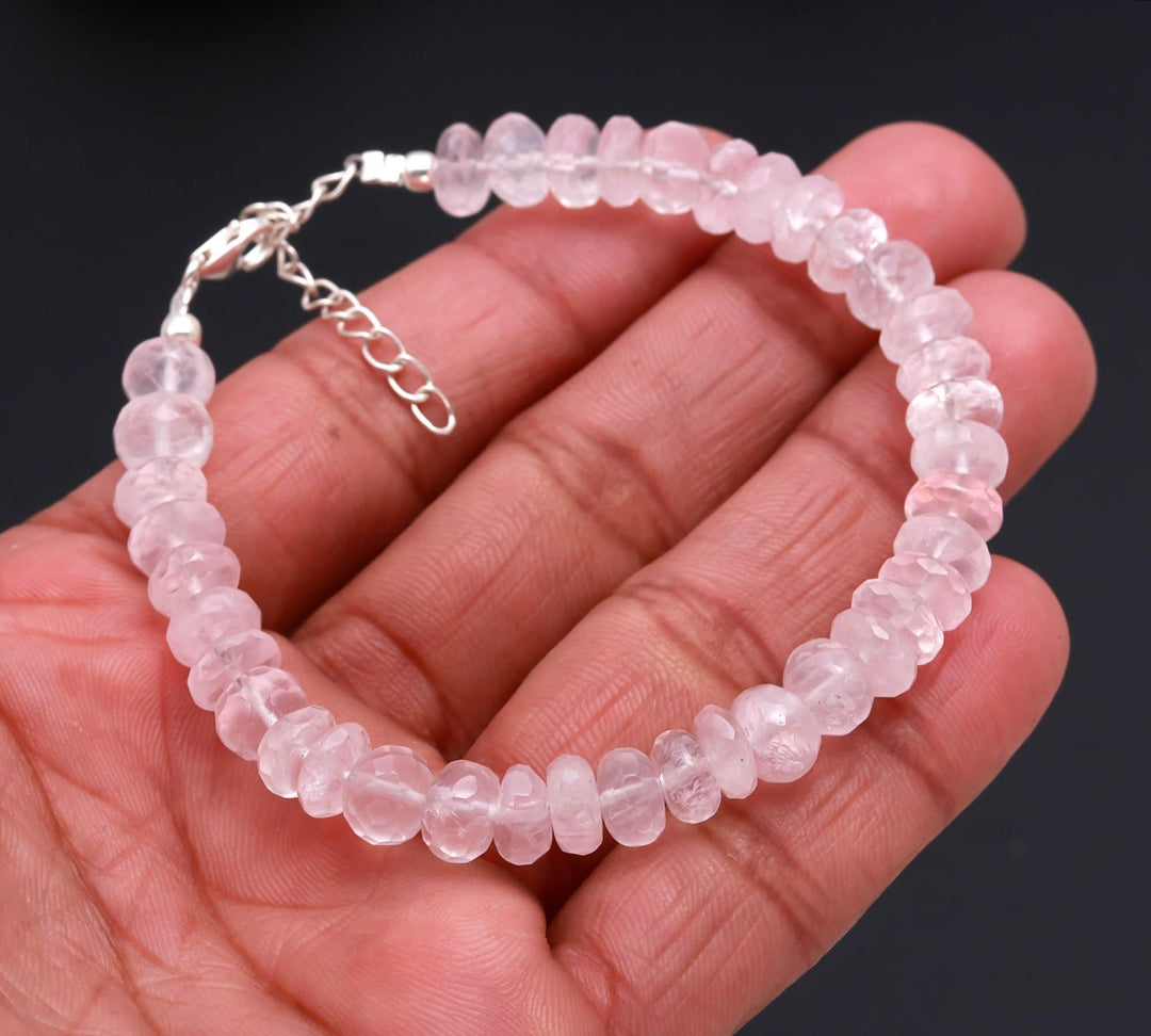 Natural Rose Quartz Beads Bracelet, Pink Quartz Faceted Rondelle Shape Beads Bracelet, Jewelry Gifts, Fancy Jewelry for Girls, 8 MM